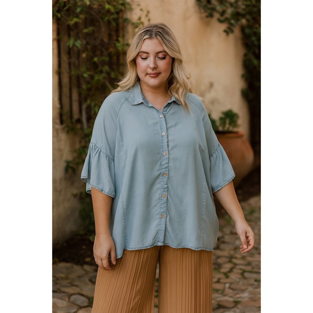 Z‎ Avenue USA Womens 2XL Blue Tencel Button Down Ruffle Sleeve Blouse Top